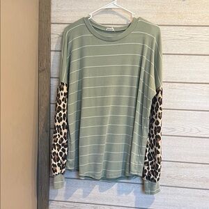 Striped Green and Leopard Sleeve Women's Top